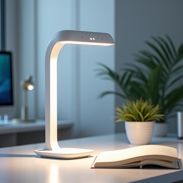 A sleek, minimalist LED desk lamp in a home office setting.
